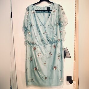 Adriana Papell plus size embellished blouson batwing-sleeve dress in sea glass.